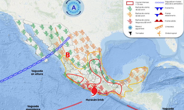 Lluvias fuertes por influencia del huracán Erick en Quintana Roo